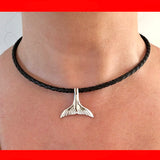 Necklaces; Whale Tail on Black Braided Leather Band
