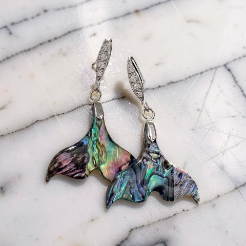 Abalone Shell Mermaid Tail Earrings in Sterling Silver with Cubic Zirconia