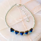 Blue Swarovski crystal spike bracelet with sterling silver beads and adjustable chain Clasp