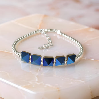 Blue Swarovski crystal spike bracelet with sterling silver beads and adjustable chain Clasp