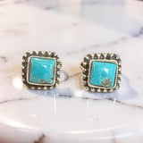 Blue turquoise square studs with textured silver frame