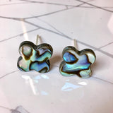 Clover-shaped abalone stud earrings with sterling silver posts, iridescent shell design, handmade 12mm everyday earrings.