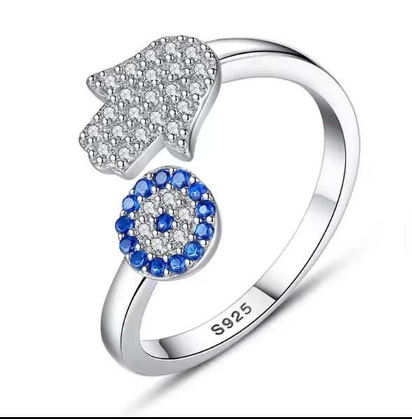 sterling silver hamsa hand and evil eye open ring