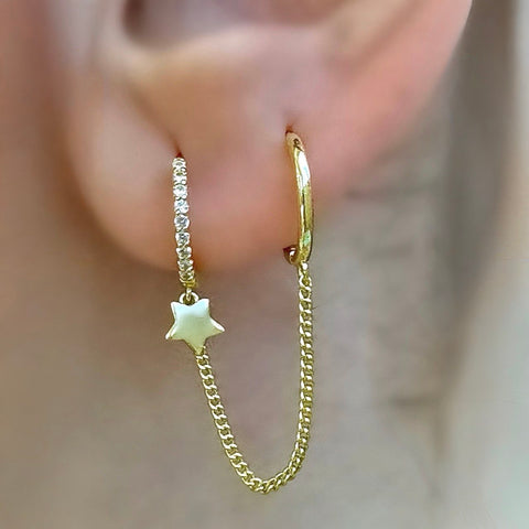 Double Huggie Earrings Connected with Chain