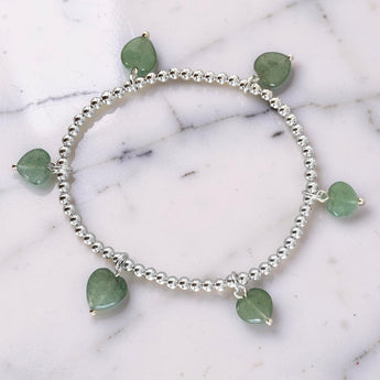 Elastic Bracelet with Sterling Silver Balls and Dangling Hearts