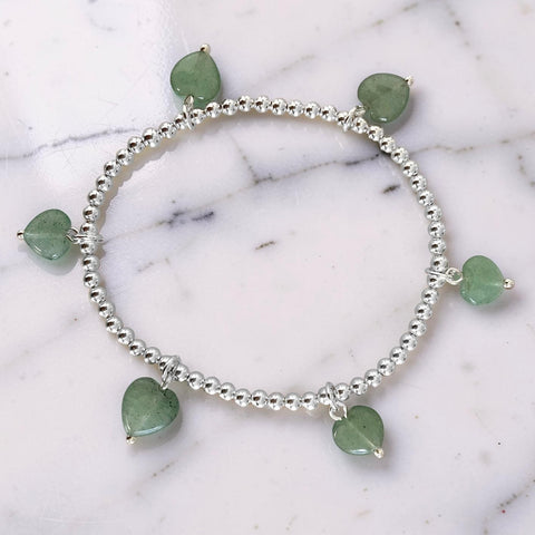 Elastic Bracelet with Sterling Silver Balls and Dangling Hearts