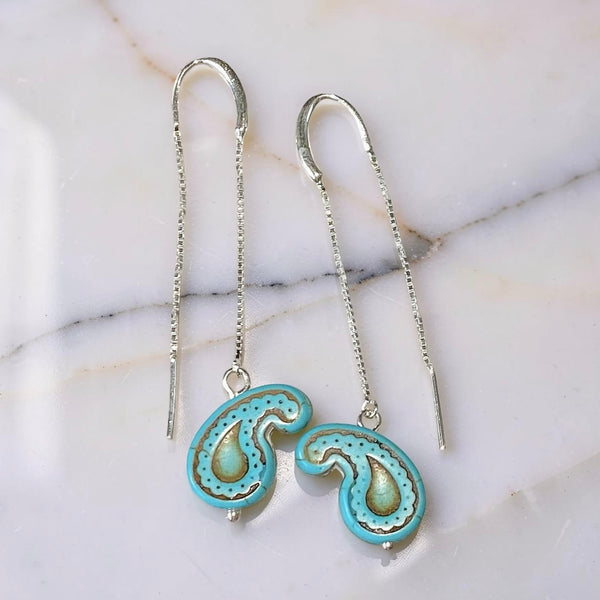 Paisley Turquoise Bead Earrings with Sterling Silver Threaders – Handmade Dangle Earrings