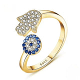 Gold-plated sterling silver hamsa hand and evil eye open ring