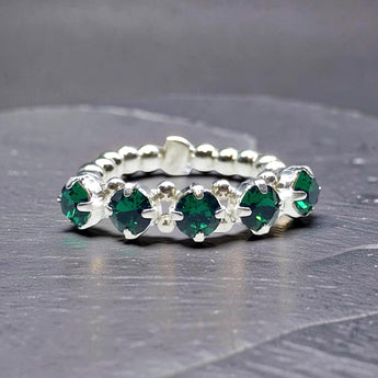 Handmade Swarovski Crystal Stretch Ring with Sterling Silver Beads – Adjustable Comfortable Fit