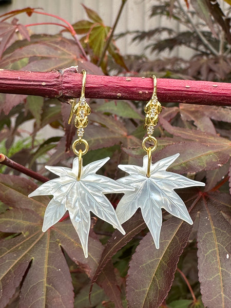Maple Leaf Earrings – Mother of Pearl Shell with Gold-Plated Sterling Silver Hooks 