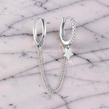 Sterling Silver Double Huggie Earrings with Chain – Linked Hoop Ear Cuff Style