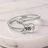 Sterling silver guitar ring with small clear stone detail, adjustable 925 silver music-inspired ring for women