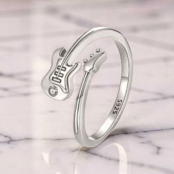 Sterling silver guitar ring with small clear stone detail, adjustable 925 silver music-inspired ring for women
