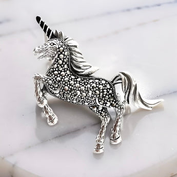 Sterling silver unicorn pendant brooch with marcasite detailing