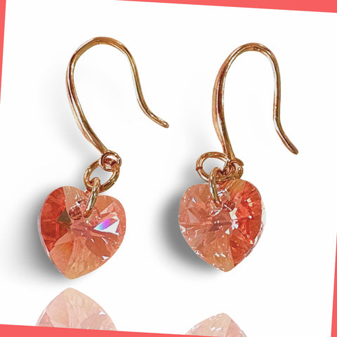 Swarovski rose peach heart earrings with rose gold plated sterling silver hooks