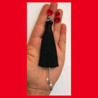 Asymmetrical Black Tassel Earrings with Sterling Silver Star Drops and Swarovski Studs