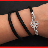 Bracelets; Black Leather Bracelet with Sterling Silver Clasp
