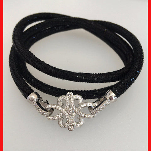 Bracelets; Black Leather Bracelet with Sterling Silver Clasp