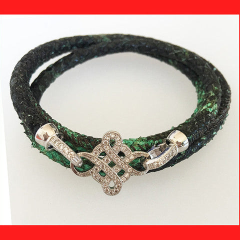 Bracelets; Green Snake Leather Bracelet with Sterling Silver Clasp