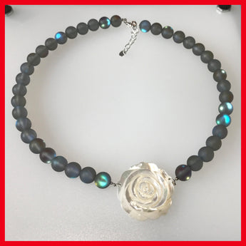 Chunky Mother of Pearl Flower with Opalite Beads Necklace