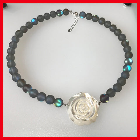 Chunky Mother of Pearl Flower with Opalite Beads Necklace