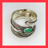 Chunky Sterling Silver Feather Ring with Green Turquoise