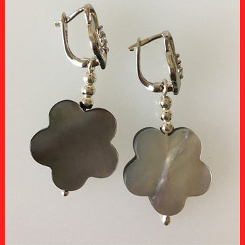 Earrings; Grey Flower shaped MOP Shell on Silver Omega Earrings