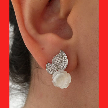 Earrings; Rose Shaped Mother of Pearl on Leaves Stud