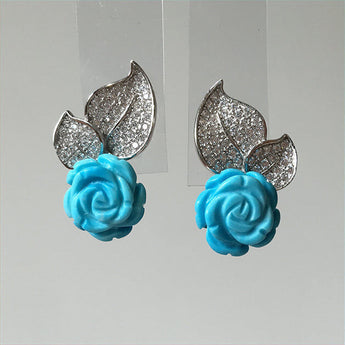 Earrings; Rose Shaped Turquoise on Leaf Studs