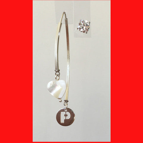 Earrings; Sterling Silver Letter and Heart on Wishbone Earrings