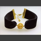 Gold Wire Ball Bracelet with Wide Velvet Ribbon Band