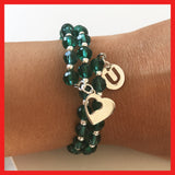 "Love U" Bracelet with Green Crystals & Sterling silver Charms