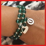 "Love U" Bracelet with Green Crystals & Sterling silver Charms