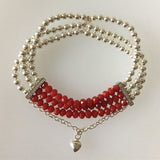 Multi Strands Elasticated Bracelet with Red Crystals and Sterling Silver Balls