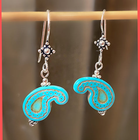 Paisley Turquoise Earrings with Sterling Silver Hooks