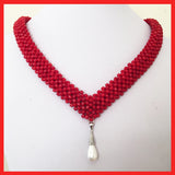Red Beaded Coral Necklace with Drop Shape MOP Shell