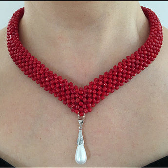 Red Beaded Coral Necklace with Drop Shape MOP Shell