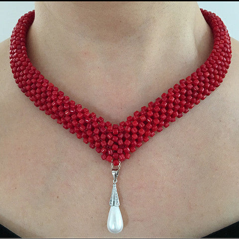 Red Beaded Coral Necklace with Drop Shape MOP Shell