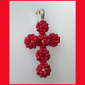 Red Coral Beaded Cross Pendant