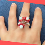 Red Daisy Pearl and Leather Ring