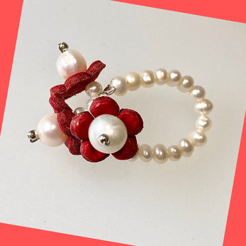 Red Daisy Pearl and Leather Ring