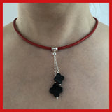 Sterling Silver Double Clover Black Onyx Drop Necklace