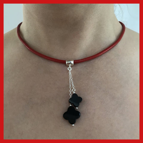 Sterling Silver Double Clover Black Onyx Drop Necklace