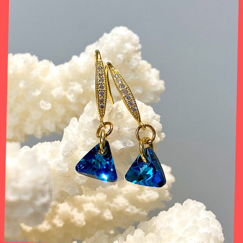 Swarovski Blue Triangle Earrings with Gold-plated Sterling Silver Hooks 