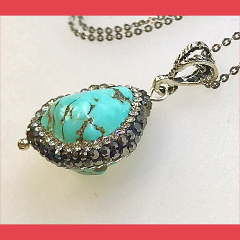 Turquoise Nugget with Rhinstone Frame Necklace