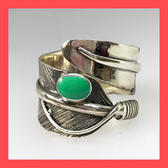 Chunky Sterling Silver Feather Ring with Green Turquoise
