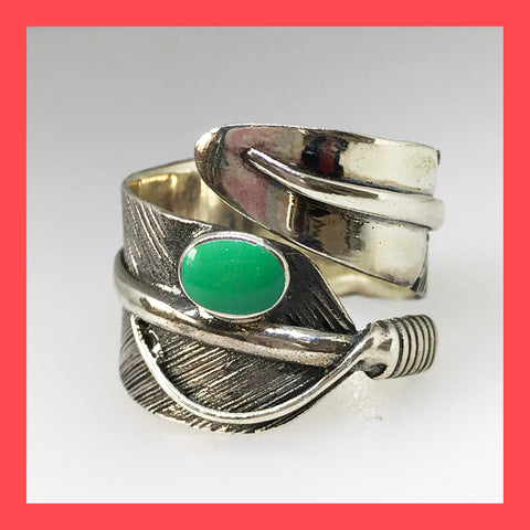 Chunky Sterling Silver Feather Ring with Green Turquoise