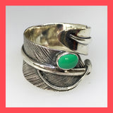 Chunky Sterling Silver Feather Ring with Green Turquoise