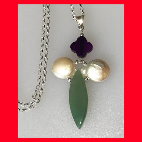 Aventurine and Pearl Cross Pendant